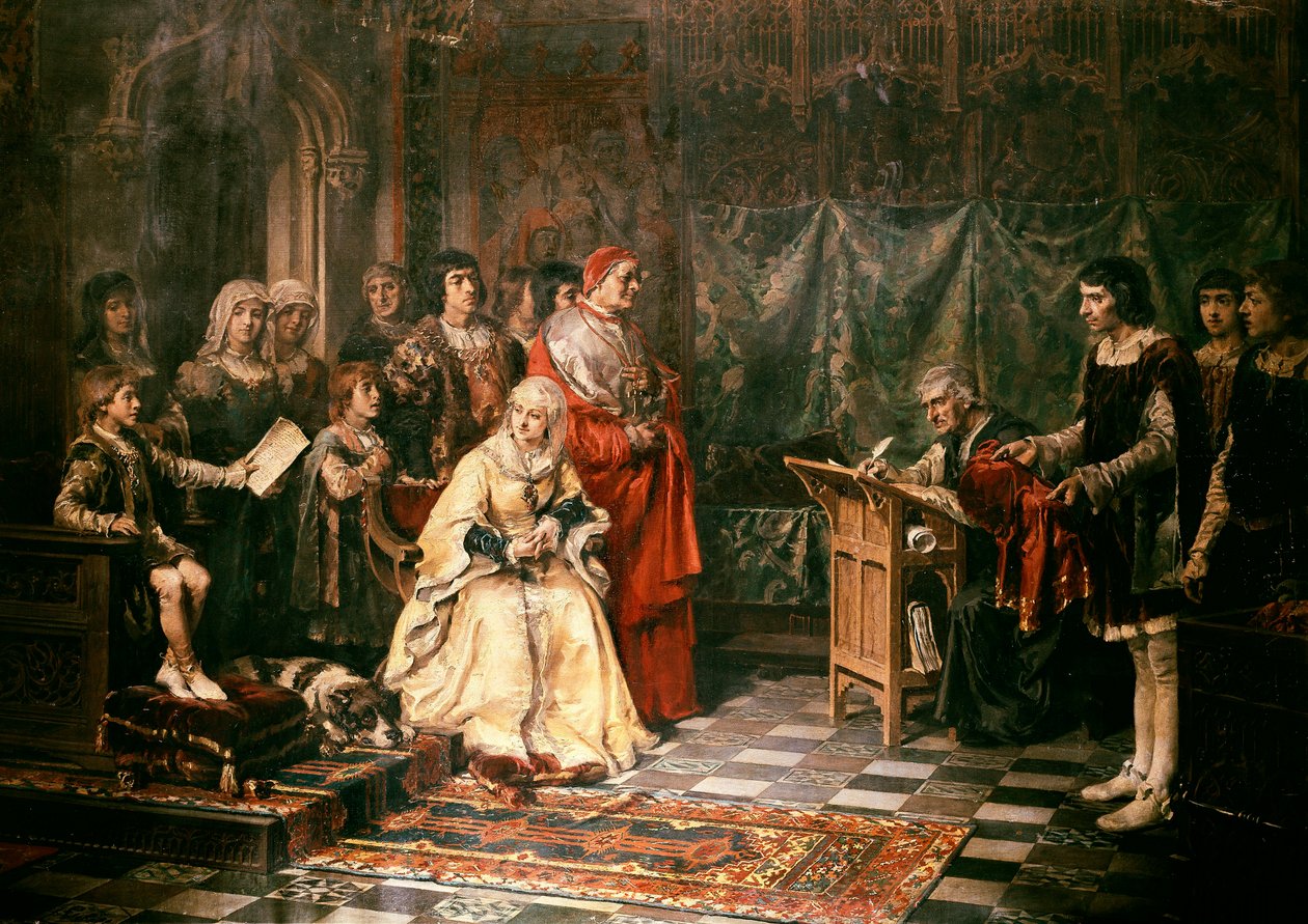 Don Juan Itävallasta (1545-1578), Espanjan Habsburg-suvun prinssi, Kaarle V:n avioton poika äitinsä Barbara Blombergin rinnalla (1527-1597). Öljy kankaalle. Madrid, Museo del Prado. tekijältä Salvador Martinez Cubells