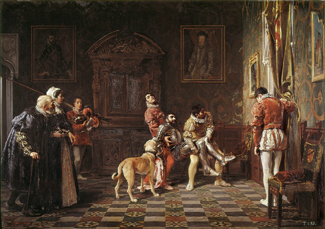"" Turnauksen paluu "" Nuori ritari loukkaantuu tuodaan takaisin palatsiin kahden sivun tukemana. Salvador Martinez Cubellsin (1845-1914) maalaus 1881 Valencia. Bellas Artes San Pion museo tekijältä Salvador Martinez Cubells