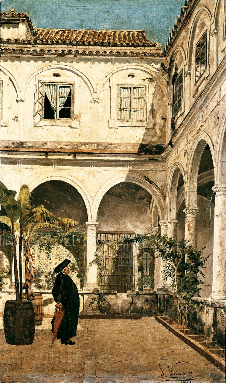 "" Isä Salabot Pyhän Francois of Cadizin luostarin luostarissa (Cadiz)" Salvador Viniegra y Lasson (1862-1915) maalaus 1881 Cadiz. Cadizin museo. Espanja tekijältä Salvador Viniegra y Lasso de la Vega