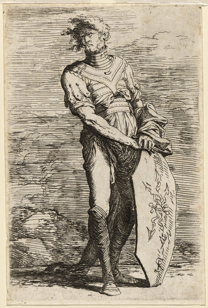 Pysyvä soturi pitelemässä pitkänomaista kahdeksankulmaista kilpiä, n. 1656-1657 (etsattu paperille) tekijältä Salvator Rosa