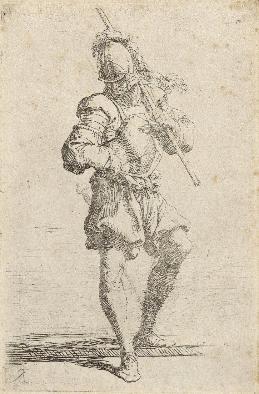 Soturi, joka pitää sauvaa olkapäällään ja astuu alas matalalta reunalta, n. 1656-1657 (etsaus kuivakärkällä ladattuun paperiin) tekijältä Salvator Rosa