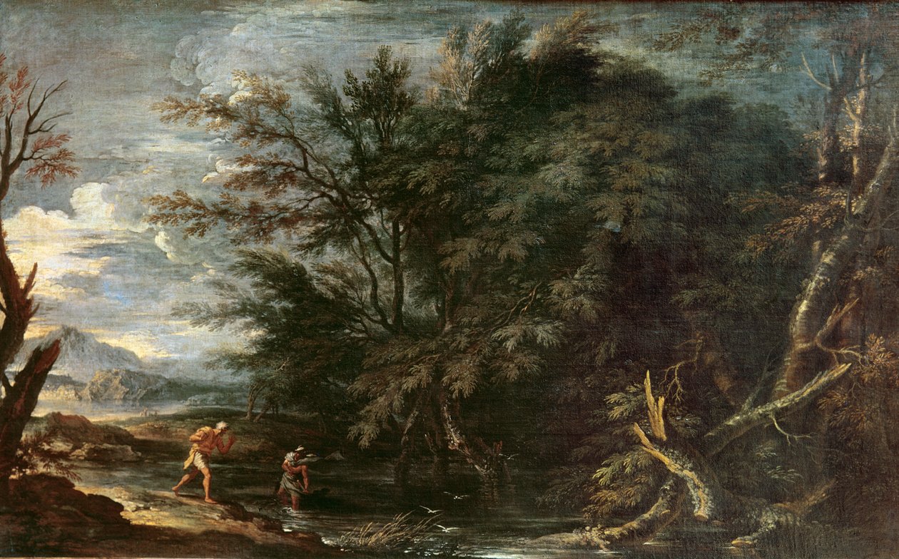 Maisema, jossa on Merkurius ja epärehellinen puumies, noin 1650. tekijältä Salvator Rosa