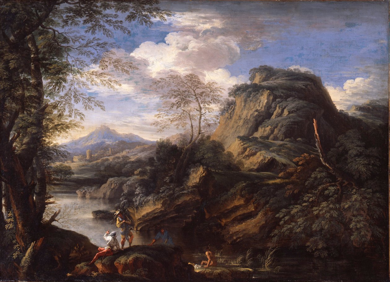 Vuoristomaisema figuurien ja uivan miehen kanssa tekijältä Salvator Rosa