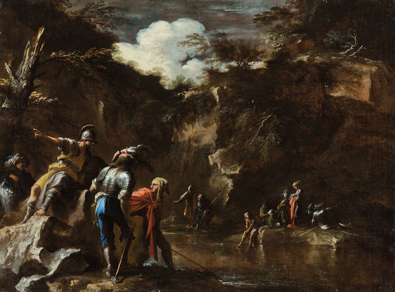 Kohtaus Kreikan historiasta- Thales, joka saa joen virtaamaan Lydian armeijan molemmin puolin tekijältä Salvator Rosa