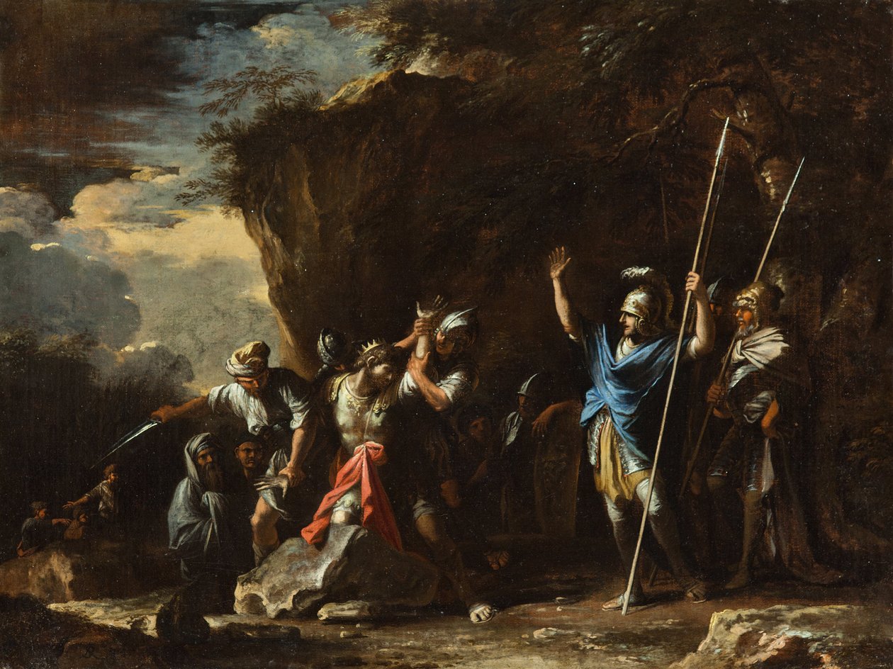 Kohtaus Kreikan historiasta- Kuningas Kroesuksen kuuro mykkä poika estää persialaisia tappamasta ... tekijältä Salvator Rosa