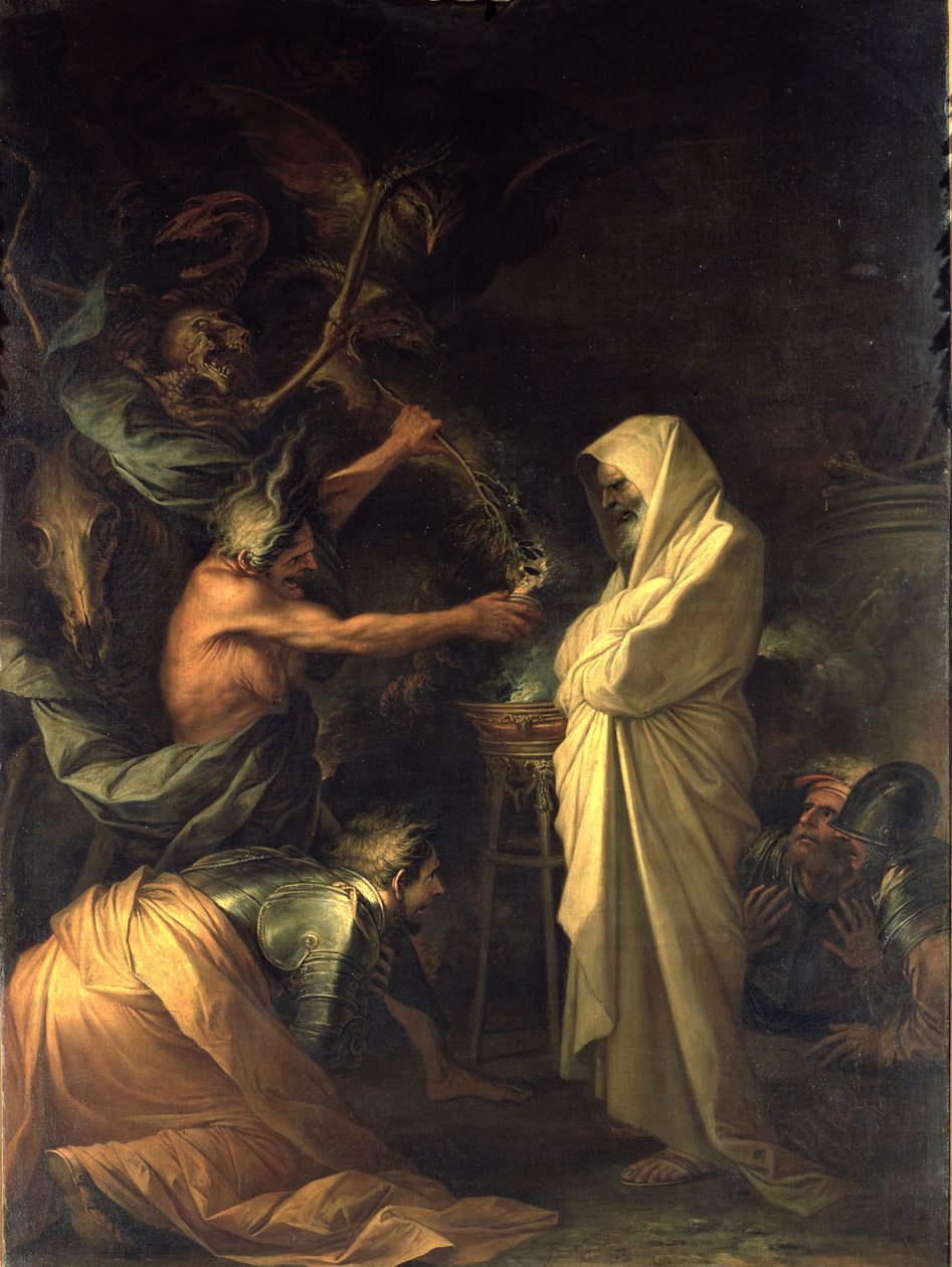Samuelin henki ilmestyy Saulille Endorin noidan talossa, 1668 tekijältä Salvator Rosa