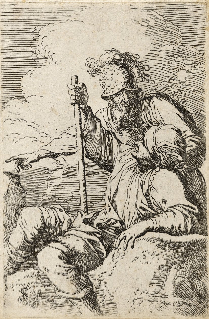 Kolme soturia, joista yksi istuu etualalla olevalla kalliolla kädessään sauva; toinen seisoo takanaan osoittaen; kolmas nähtynä kasvona heidän takanaan, n. 1656-57 (etsaus kuivakärkällä levitetylle paperille) tekijältä Salvator Rosa