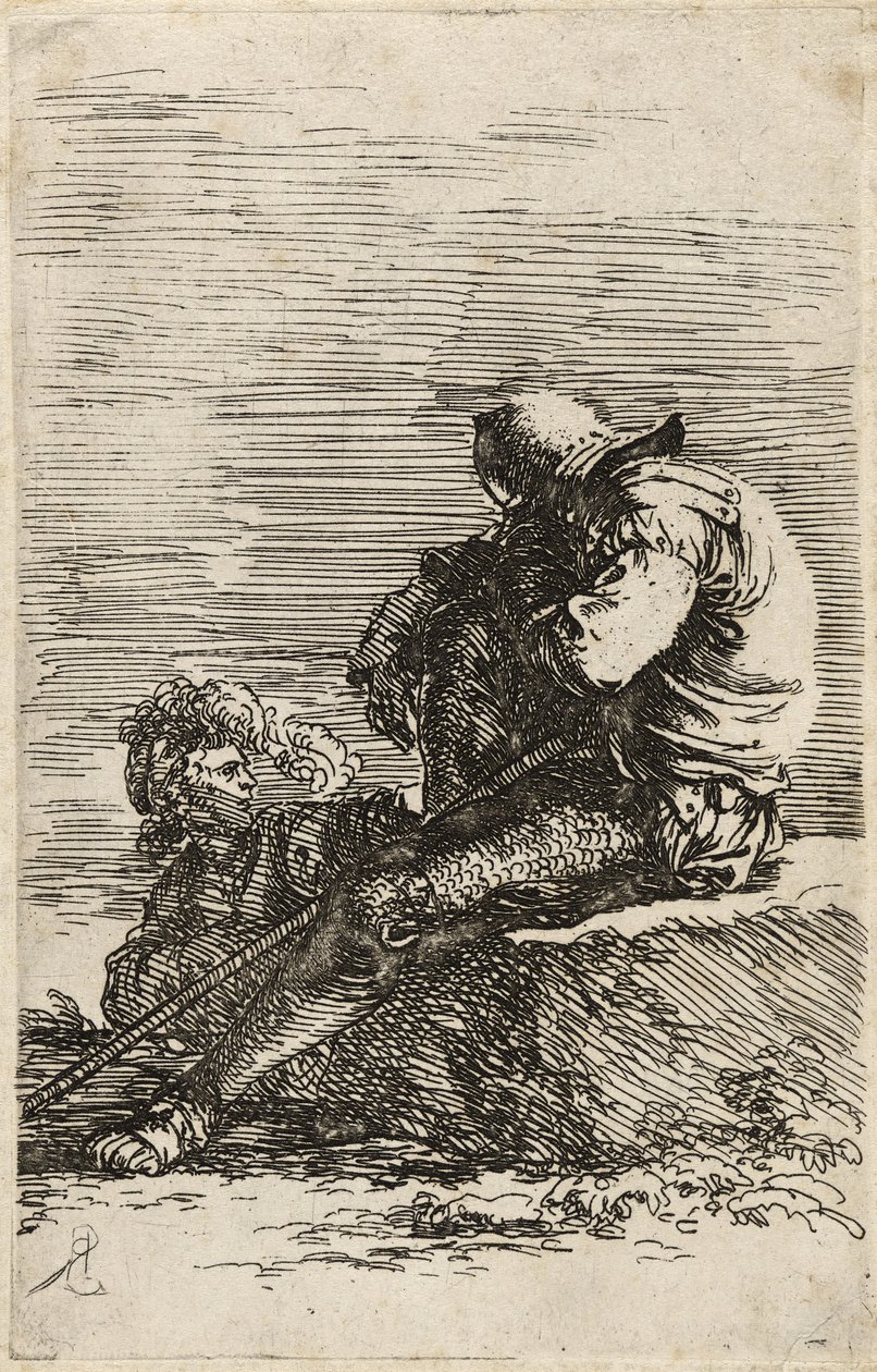 Kaksi sotilasta, toinen istuu reunalla keppiä pitelemässä, n. 1656-57 (etsaus paperille) tekijältä Salvator Rosa