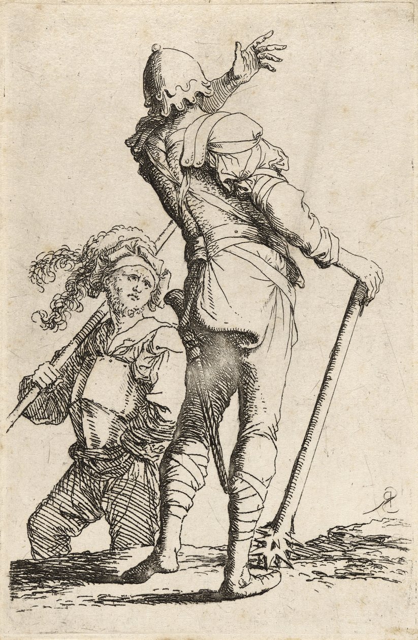Kaksi soturia, toisella kädessään nuija ja kääntymässä viittatakseen toista, n. 1656-57 (etsaus kuivakärkällä levitetylle paperille) tekijältä Salvator Rosa
