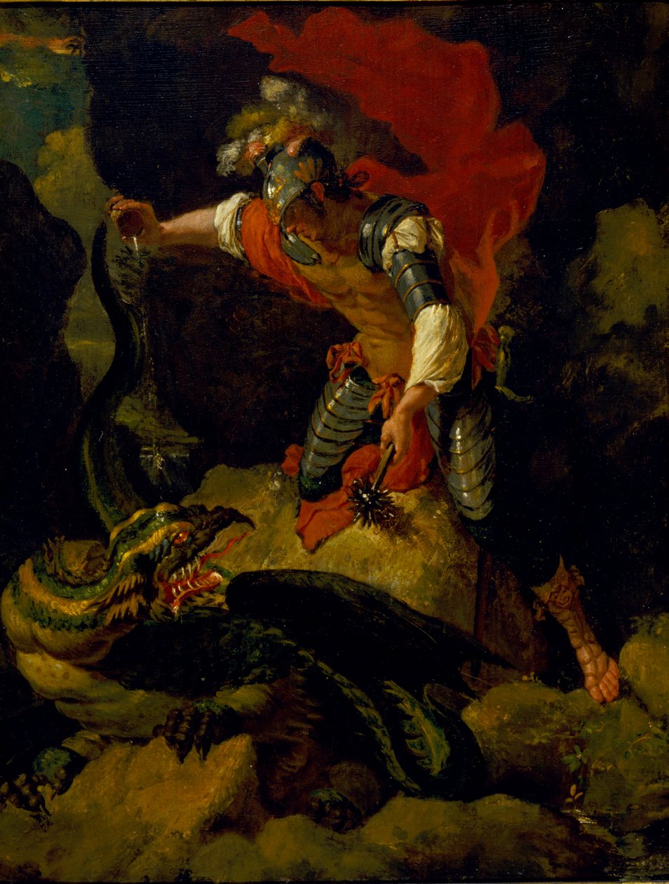 Jason myrkyttää lohikäärmeen (öljy tammipaneelille) tekijältä Salvator (after) Rosa