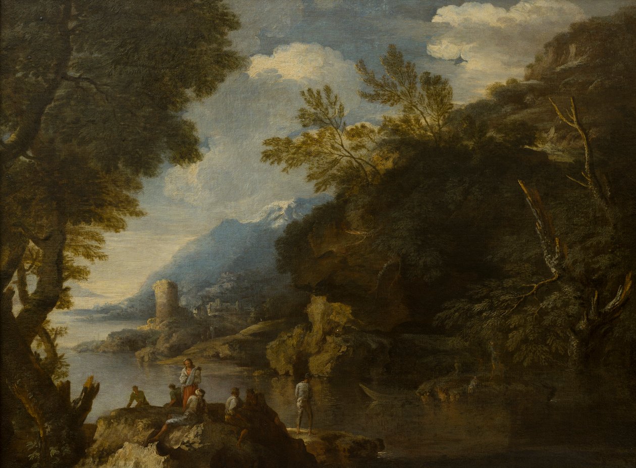 Maisema hahmoilla ja veneillä, n. 1635-73 (öljy kankaalle) tekijältä Salvator (follower of) Rosa