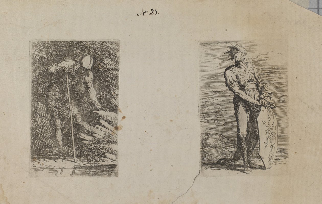 (Figuurisarja) Panssaroitu mies katselee puroon tekijältä Salvator Rosa