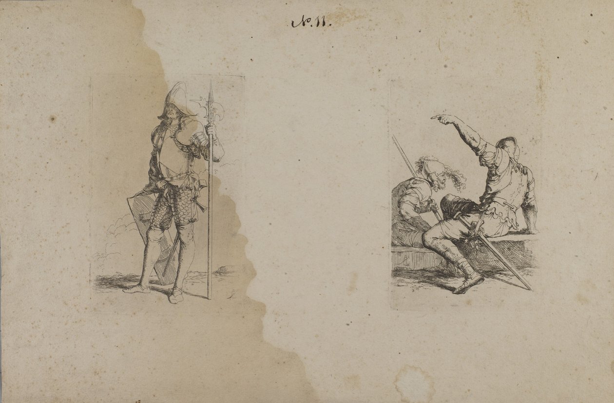 (Figuurisarja) Kypäräpäinen mies, jolla on koristeltu keihäs/Ax) tekijältä Salvator Rosa