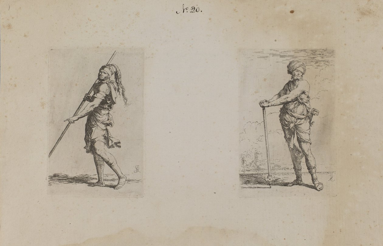 (Figuurisarja) Mies, jolla on höyhenpäähattu, sivukuvaus tekijältä Salvator Rosa