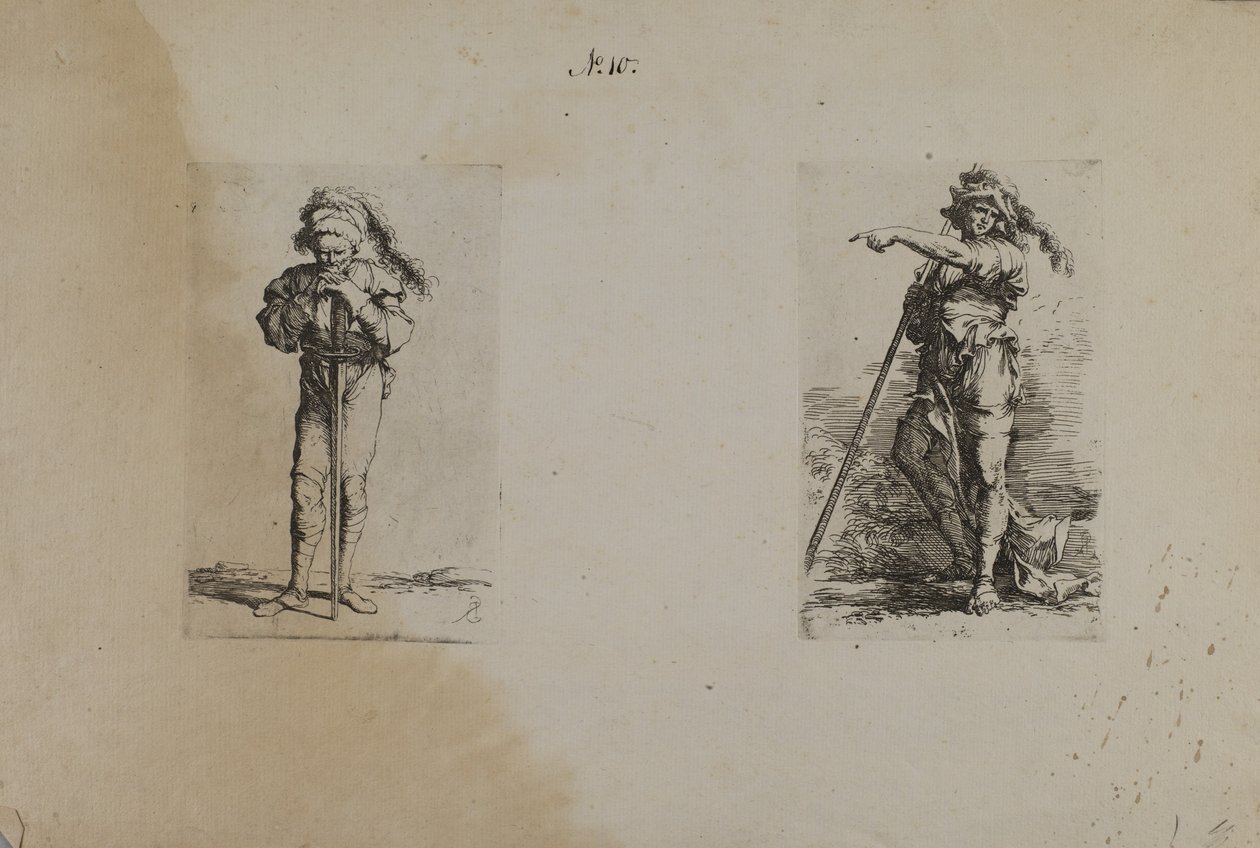 (Figuurisarja) Vanha mies, jolla on höyhenpäähattu, kädet levossa tekijältä Salvator Rosa