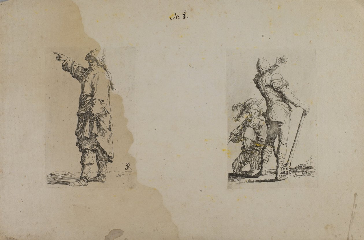 (Figuurisarja) Seisova mies, jolla on pitkä hattu, osoittaen tekijältä Salvator Rosa