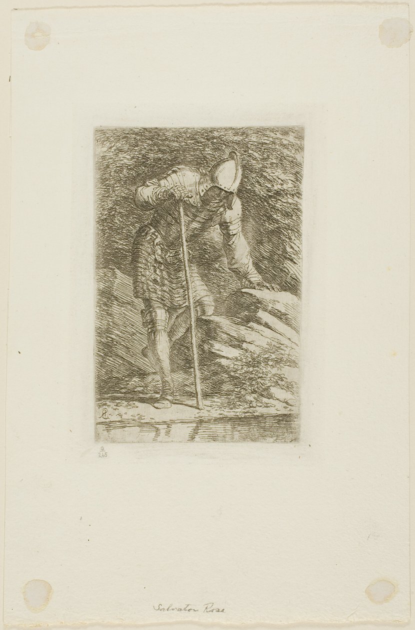 Soturi täydessä haarniskassa luolassa tekijältä Salvator Rosa