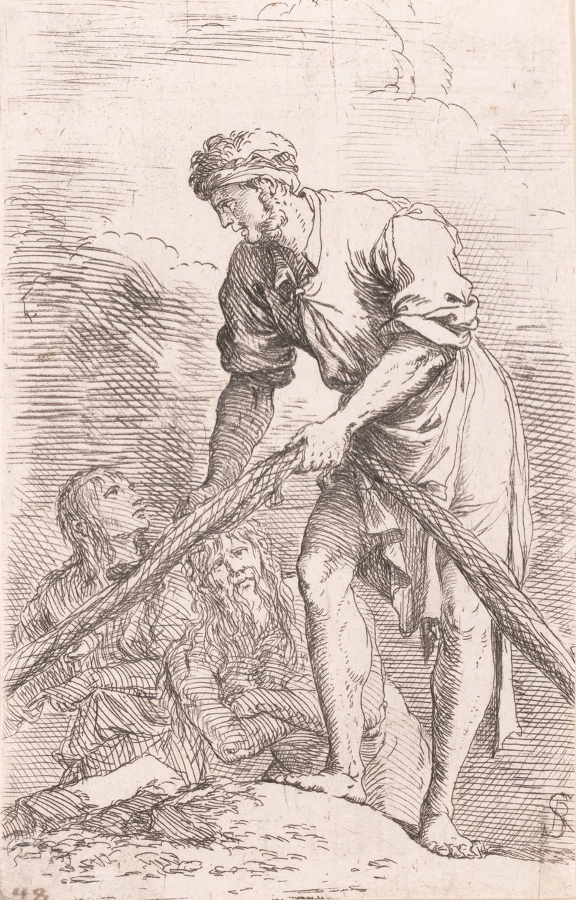 Mies vetää verkkoa, takanaan kaksi hahmoa, sarjasta "Figurine", n. ..., n. 1656-1657. tekijältä Salvator Rosa