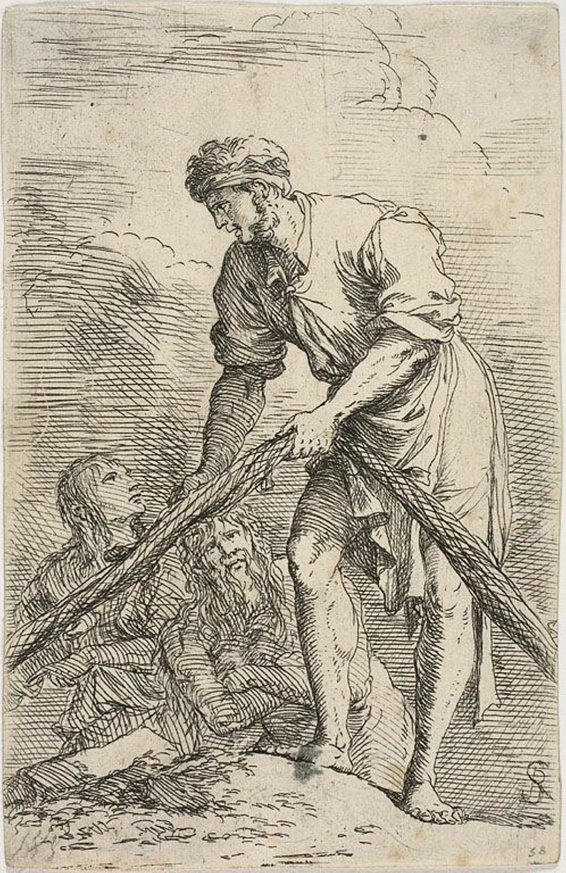 Mies vetää verkkoa, takanaan kaksi hahmoa, Figurine-sarjasta tekijältä Salvator Rosa