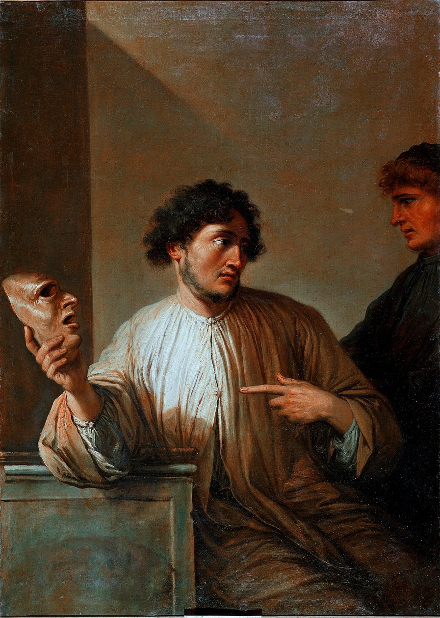 Allegorie valehtelee miehen muodossa, jolla on naamio. Salvator (Salvatore) Rosan (1615-1673) maalaus 1651 Su. 136x96 cm Firenze, Palazzo Pitti tekijältä Salvator Rosa