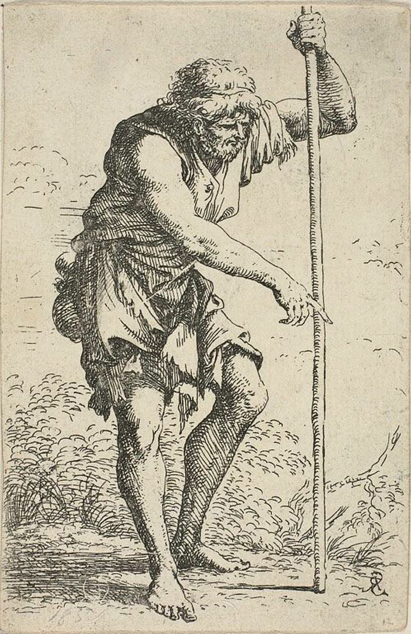 Vanha, räsytty mies, jolla on sauva ja maa lantiolla, Figurinasta tekijältä Salvator Rosa