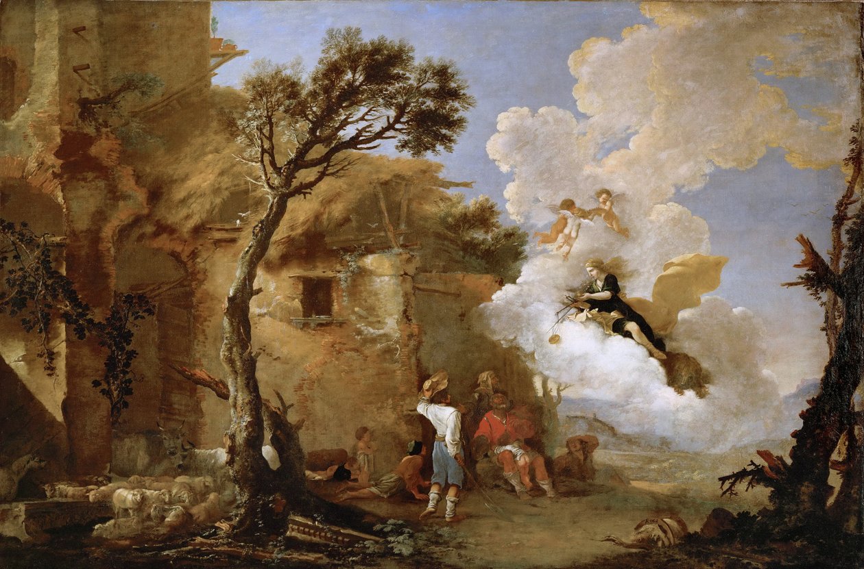 Astree (Astrape) quittant les bergers - Astraean paluu, kirjoittanut Rosa, Salvatore (1615-1673). Öljy kankaalle, n. 1640-1645. Mitat: 139,5x209 cm. Taidehistoriallinen museo, Vienne tekijältä Salvator Rosa