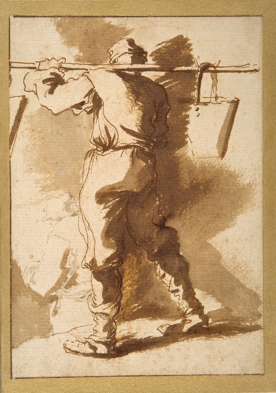 Takakuva vesikuljettajasta, toinen hahmo hänen takanaan (kynä ja muste liidulla paperilla) tekijältä Salvator Rosa