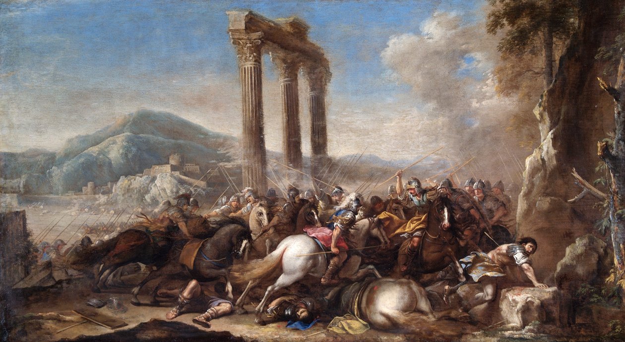 "Taistelukohtaus klassisen pylväikkönä", 1600-luku tekijältä Salvator Rosa