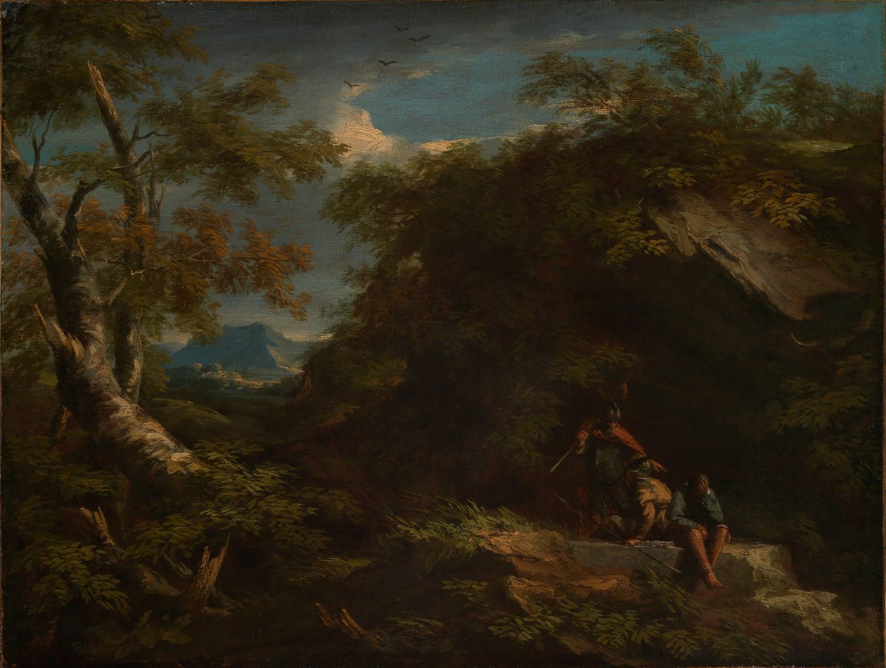 Vuoristoinen metsämaisema lepäävine sotureineen tekijältä Salvator Rosa