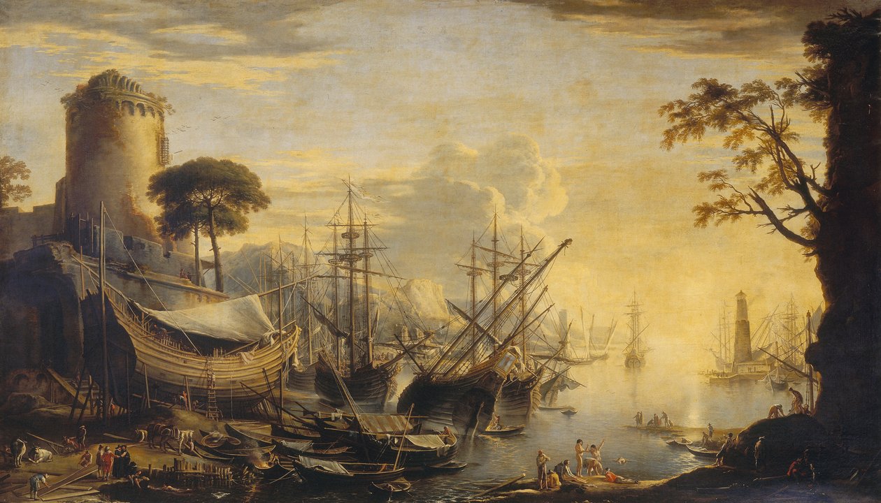 Satama auringonlaskun aikaan tekijältä Salvator Rosa