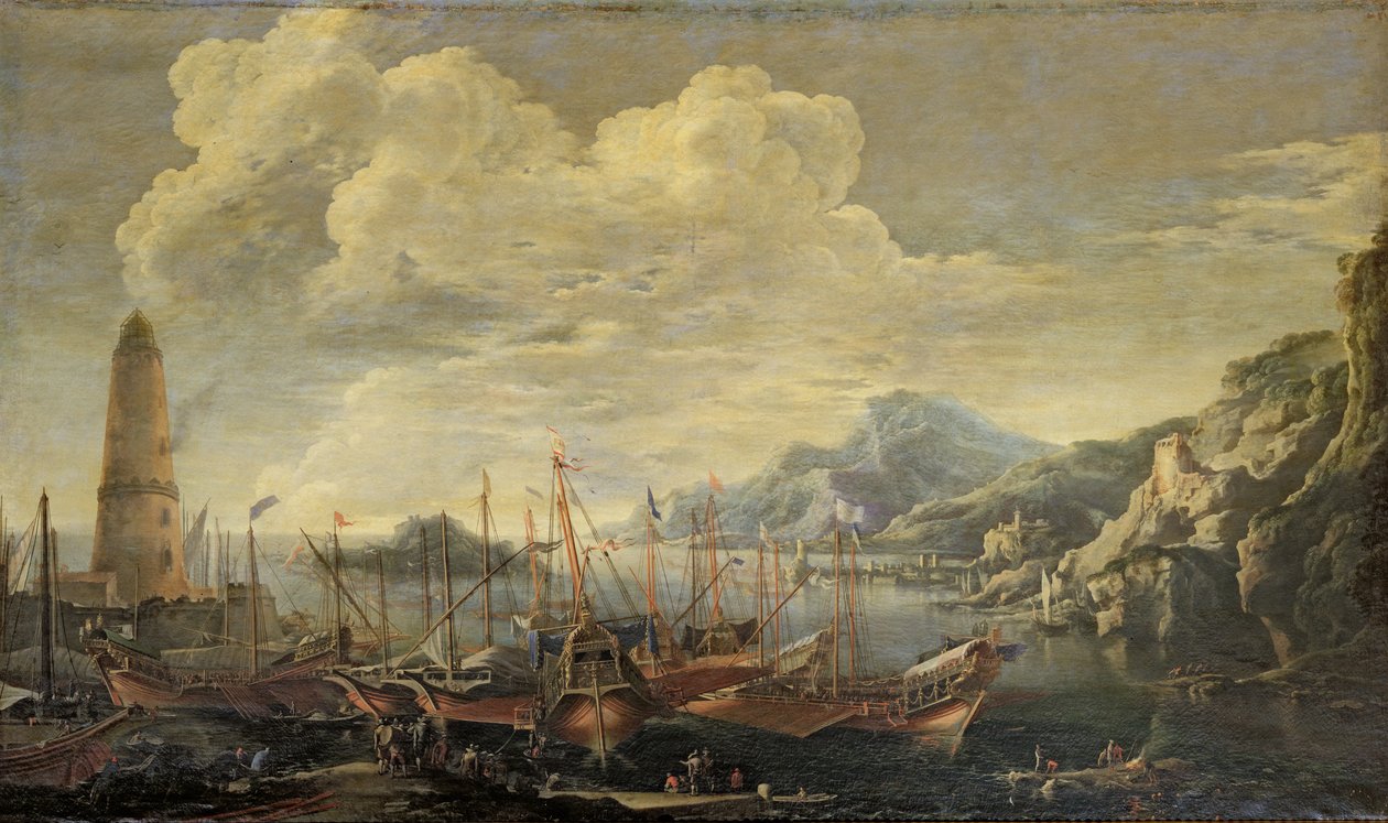 Satama majakkaineen ja laivoineen tekijältä Salvator Rosa