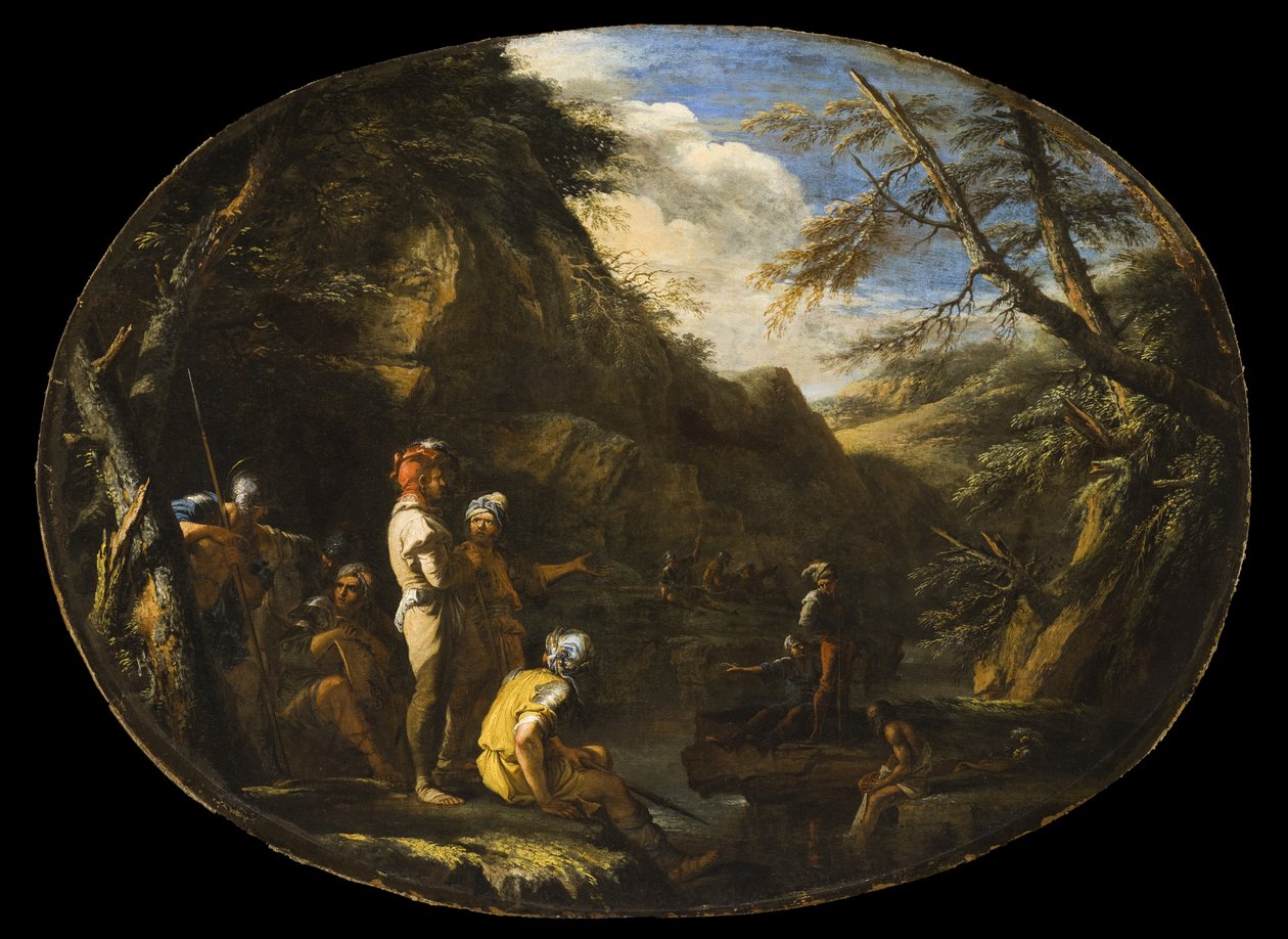 Maisema ja aseistautuneita miehiä tekijältä Salvator Rosa