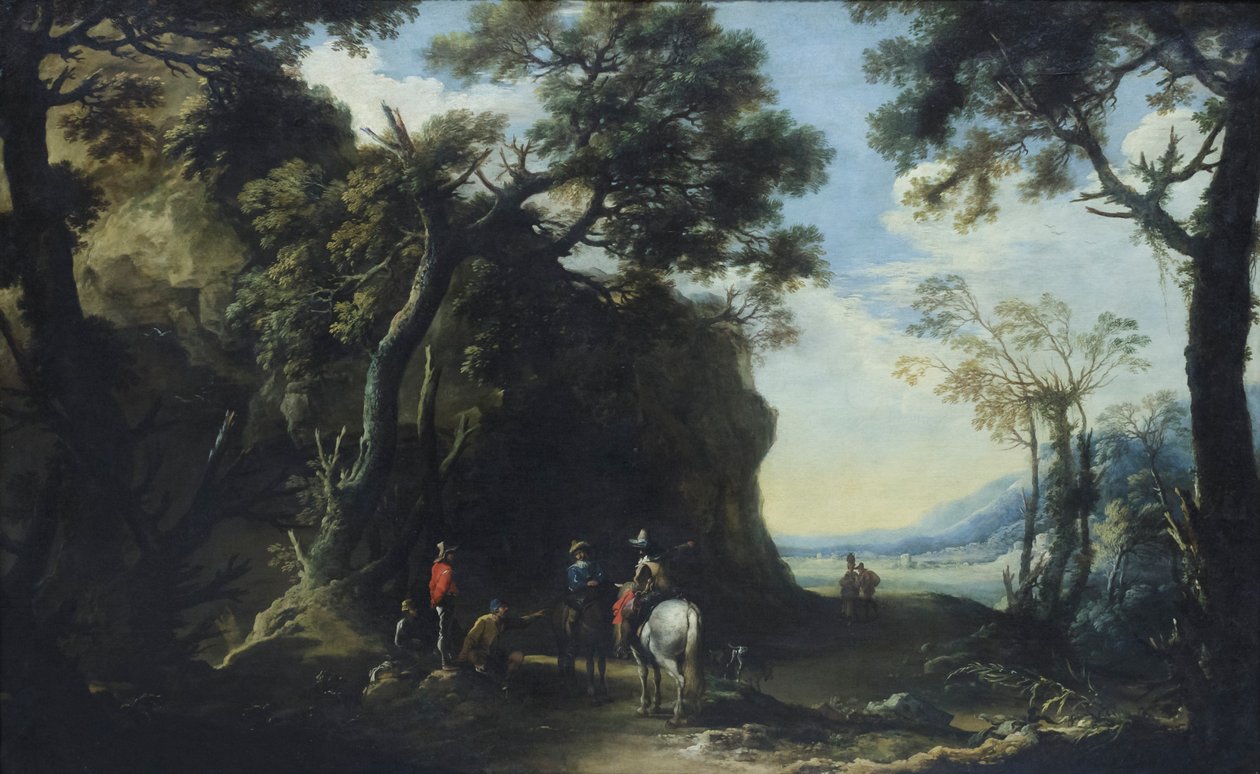 Maisema, jossa matkalaiset kyselevät tietä, noin 1641 (öljy kankaalle) tekijältä Salvator Rosa