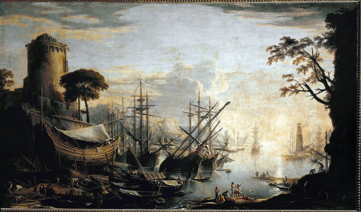 Sataman venesatama. Salvator Rosan maalaus tekijältä Salvator Rosa