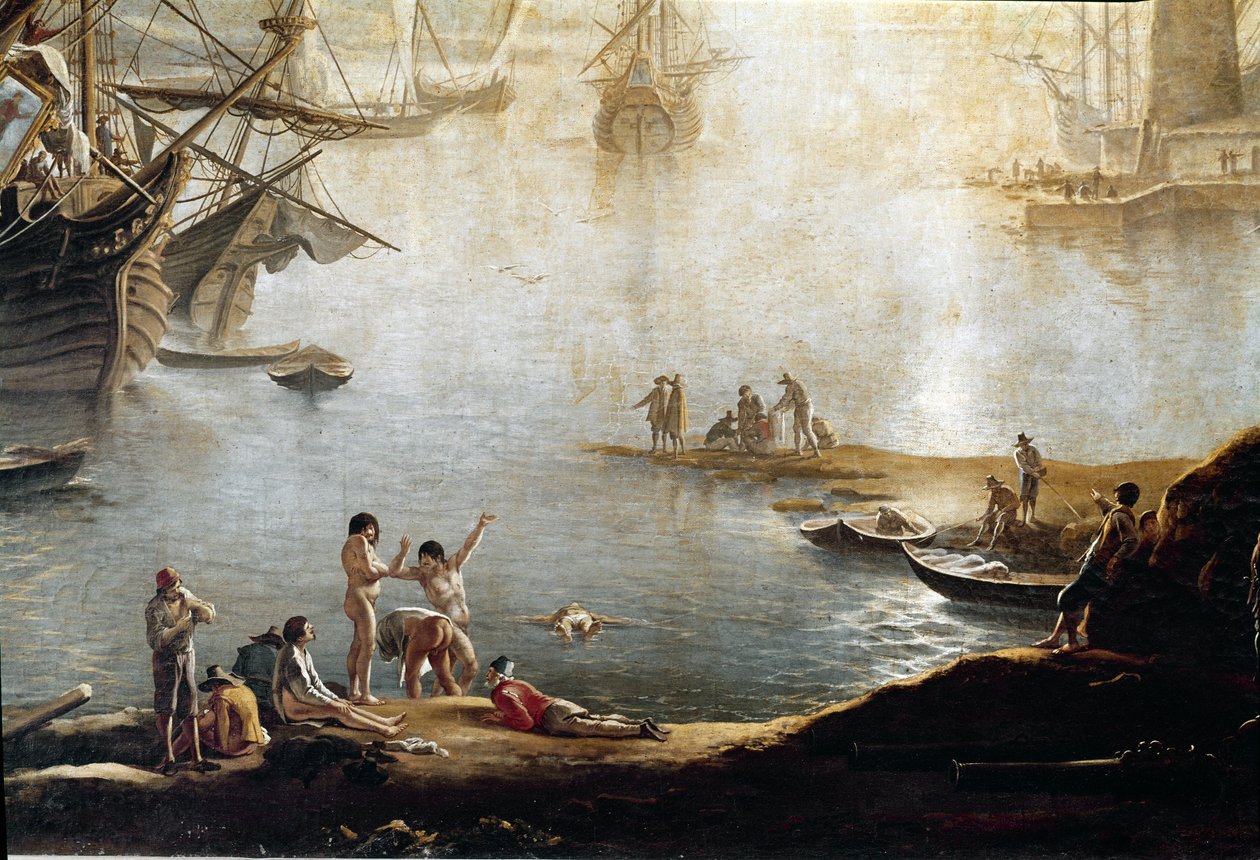 Sataman venesatama, yksityiskohta (öljy kankaalle tekijältä Salvator Rosa