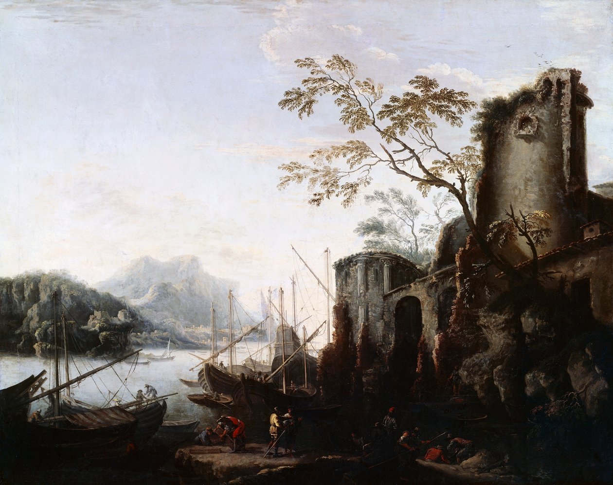 Merimaisema torneineen laivoineen ja raunioineen (merimaisema torneilla), n. 1645, tekijältä Salvator Rosa