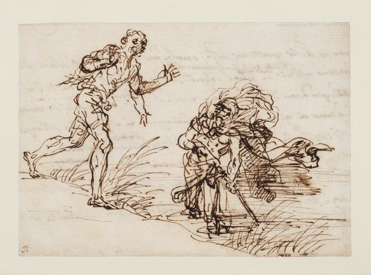 Merkurius ja epärehellinen puumies (etusivu), noin 1655-1659 (kynä ja ruskea tussi lyötyyn paperiin). tekijältä Salvator Rosa