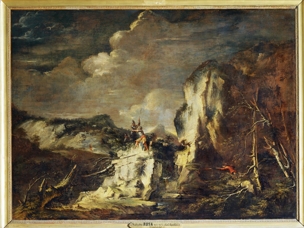 Kalliomaisema, jossa on metsästäjä ja sotureita - Kallioinen ... tekijältä Salvator Rosa
