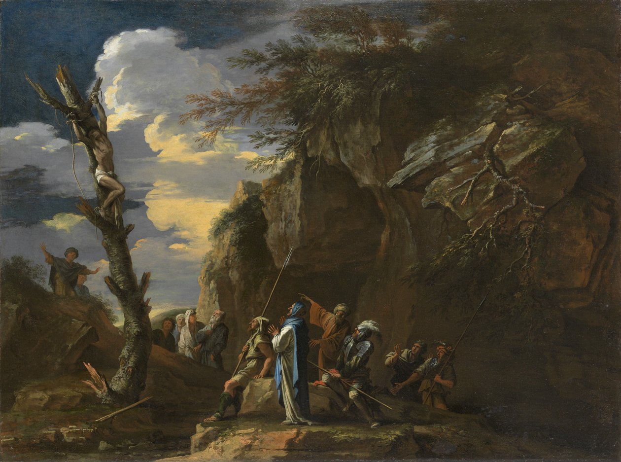Polykrateen ristiinnaulitseminen, n. 1664 (öljy kankaalle) tekijältä Salvator Rosa