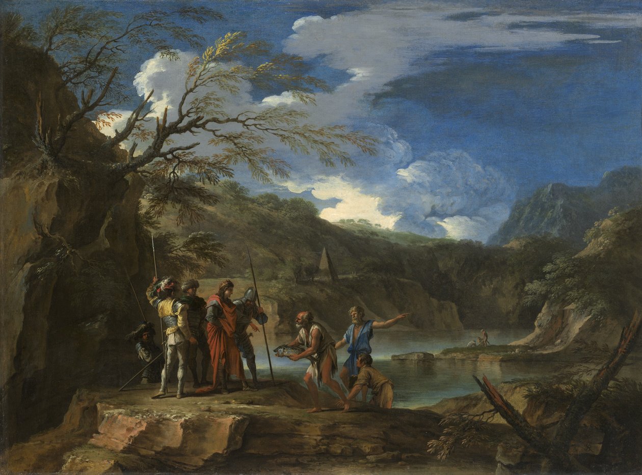 Polykrates ja kalastaja, n. 1664 tekijältä Salvator Rosa