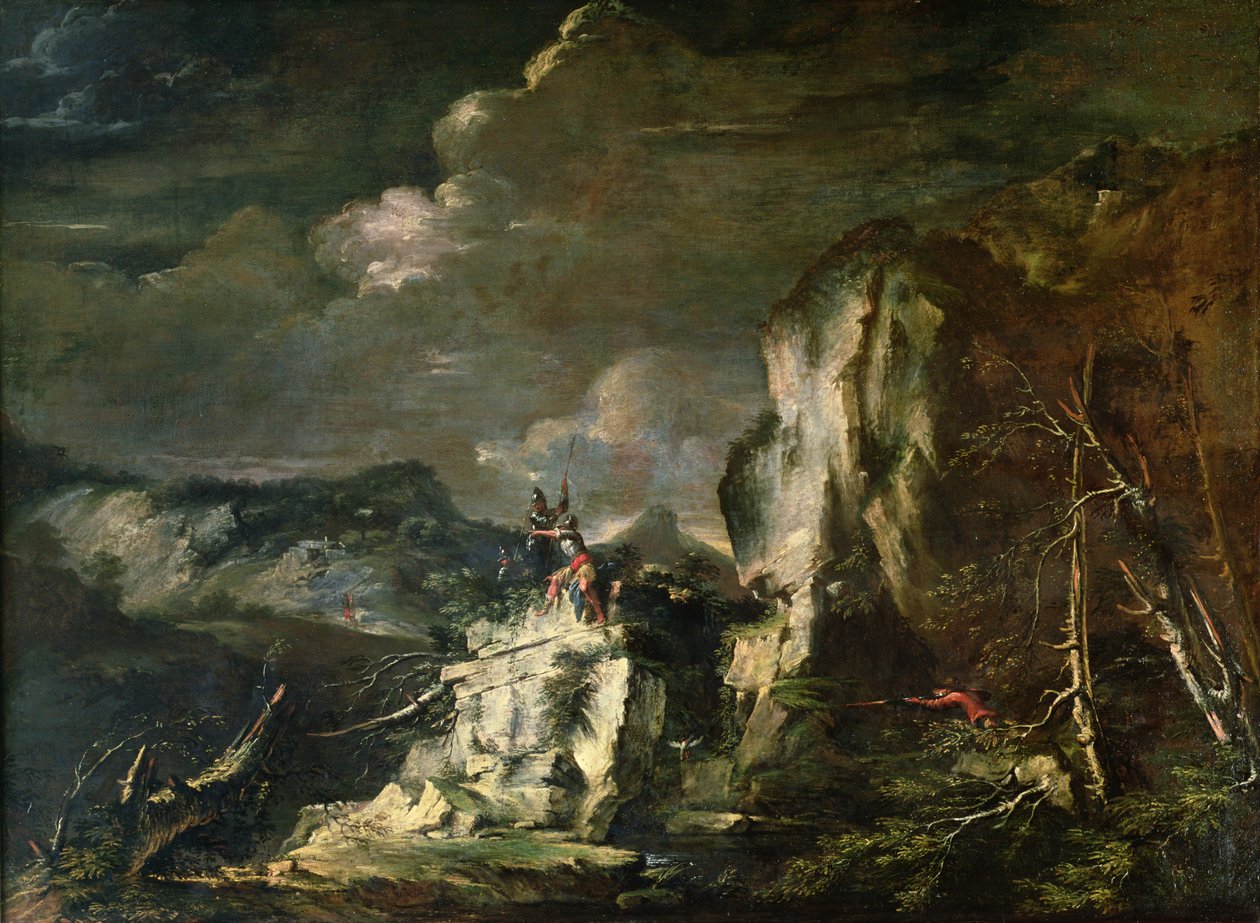 Kalliomaisema metsästäjän ja sotureiden kanssa tekijältä Salvator Rosa