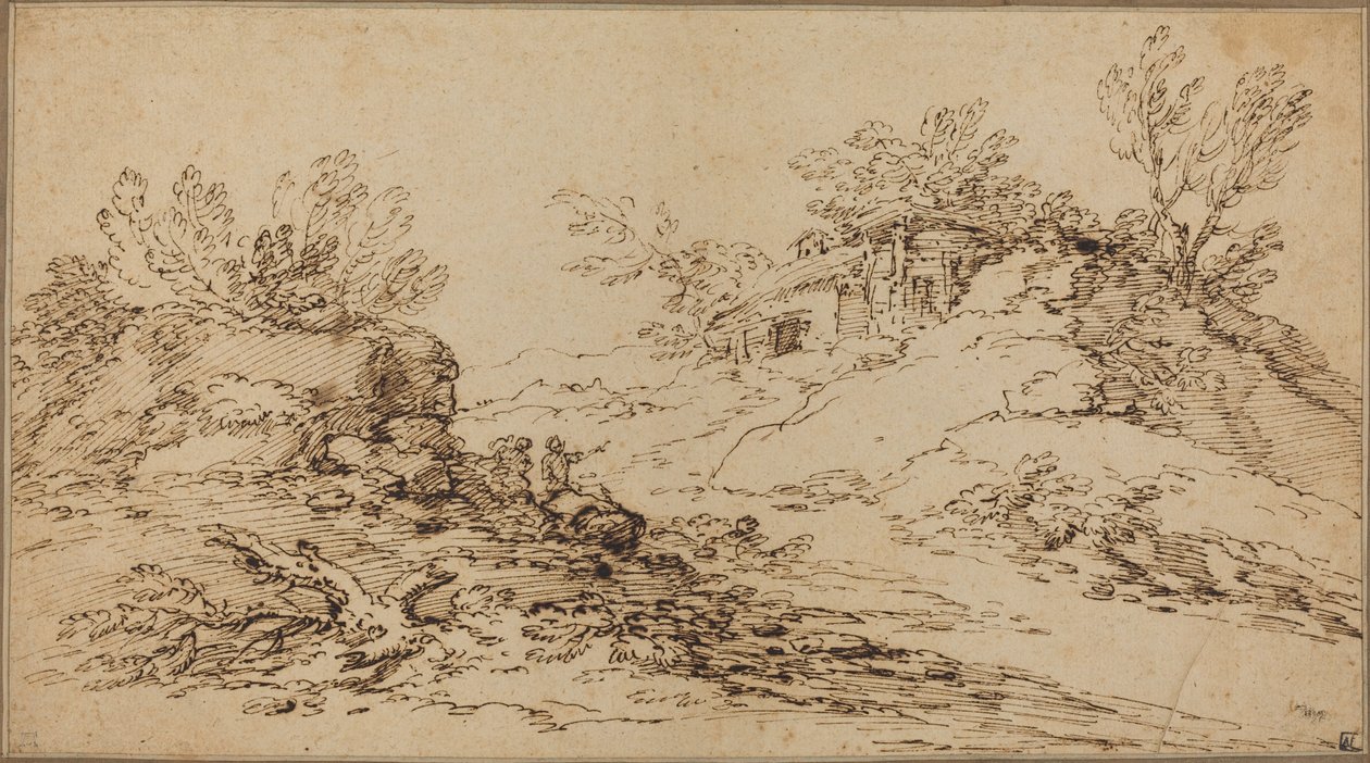 Kalliomaisema maalaismaisella talolla tekijältä Salvator Rosa