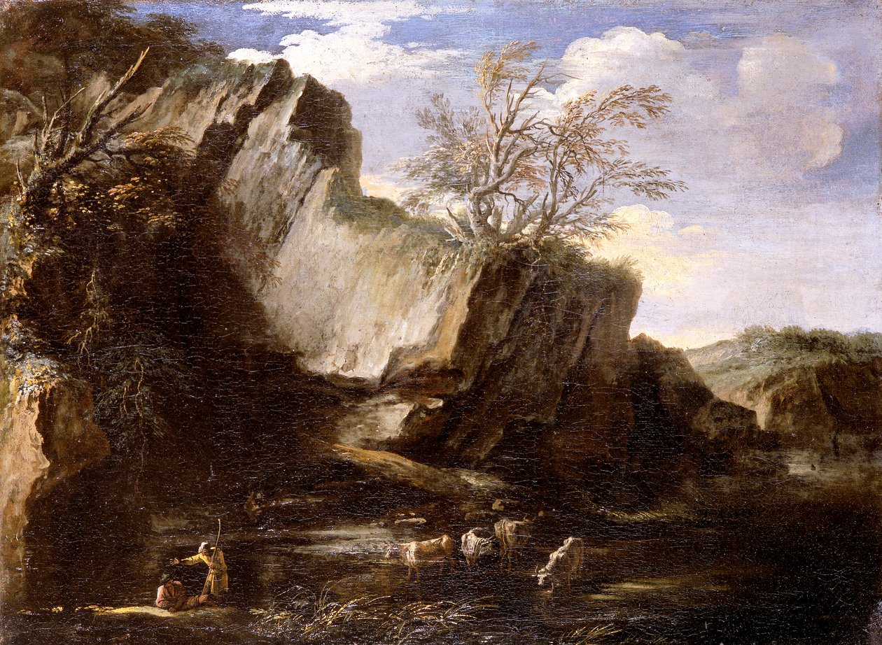 "Kivellinen maisema paimenten ja karjan kanssa", 1625-1673 tekijältä Salvator Rosa