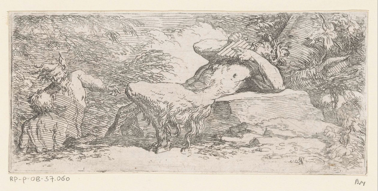 Satyr pannuhuilulla Tritons and River Gods (sarjan nimi) tekijältä Salvator Rosa