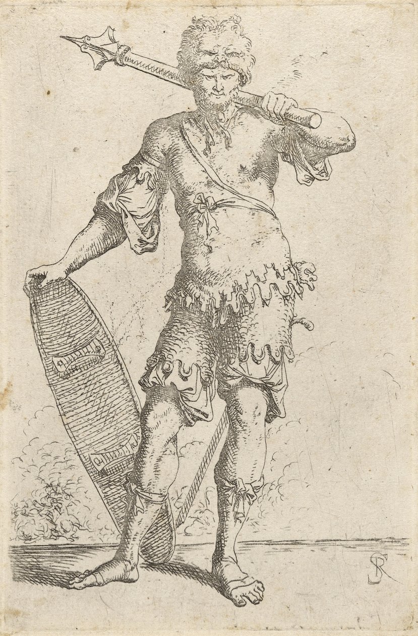 Seisova eksoottinen soturi, jolla on leijonapäähattu, kädessään nukka ja kilpi, n. 1656-57 (etsaus paperille) tekijältä Salvator Rosa
