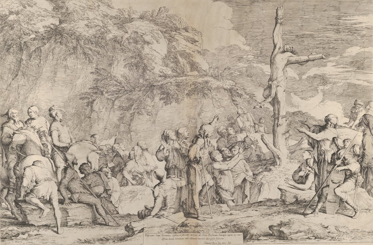 Tyrannin Polycratesin ristiinnaulitseminen persialaisten vangitsemisen jälkeen, n. 1662. tekijältä Salvator Rosa