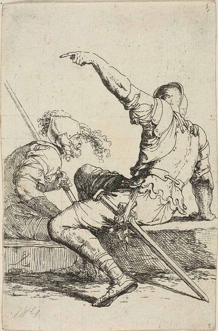 Kaksi soturia istuvat matalalla kalliolla tekijältä Salvator Rosa