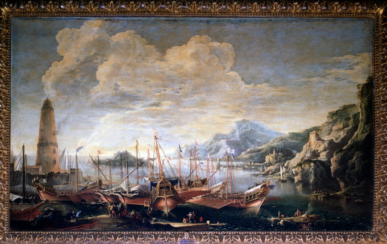 Näkymä satamaan öljy kankaalle tekijältä Salvator Rosa
