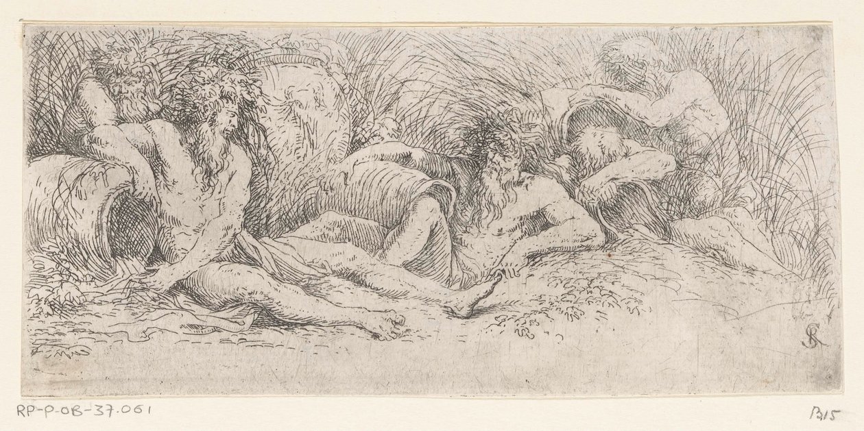 Viisi joen jumalaa uurnoilla Tritons and River Gods (sarjan nimi) tekijältä Salvator Rosa