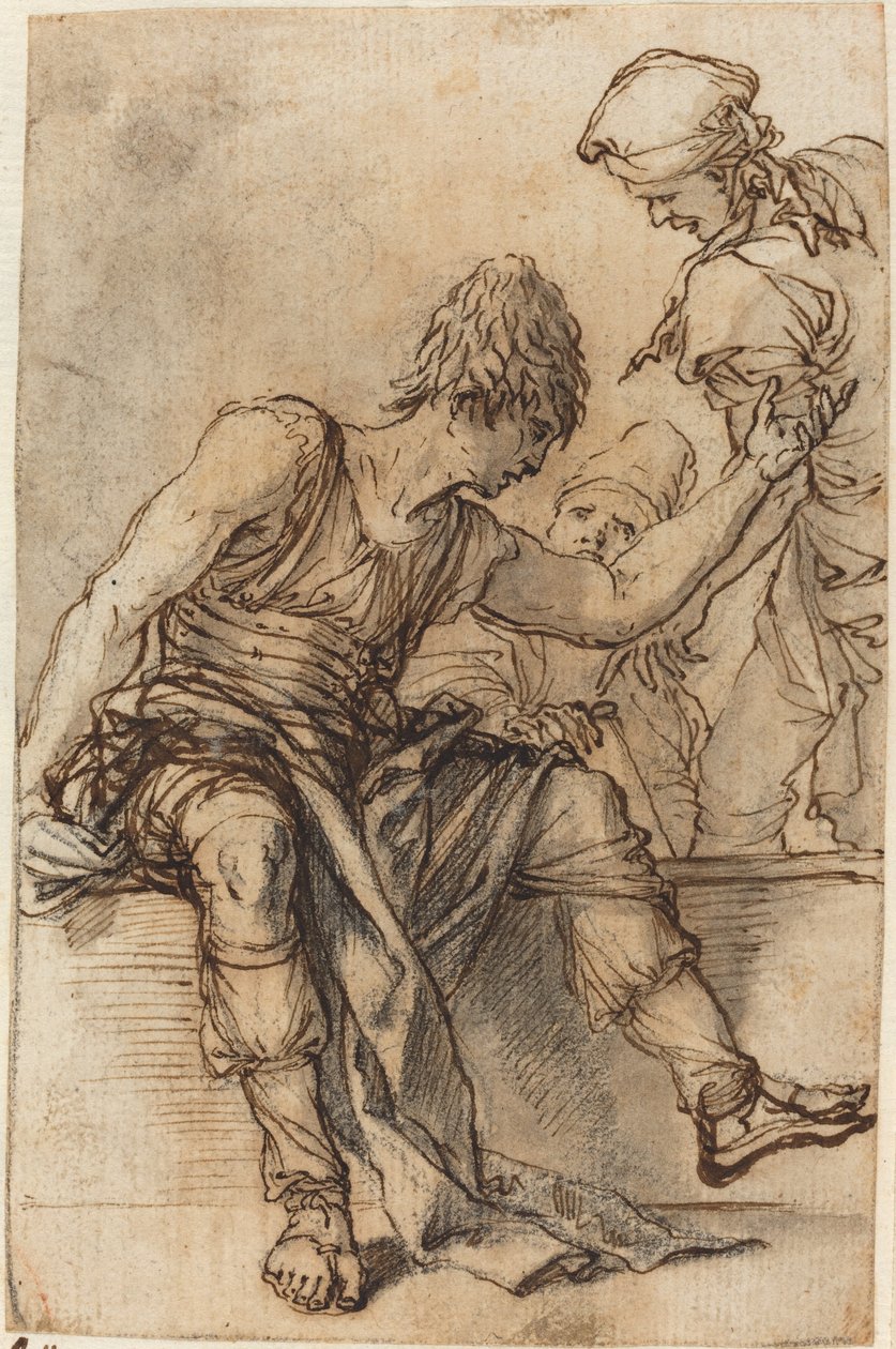 Nuori istuu seinällä keskustelussa kahden miehen kanssa tekijältä Salvator Rosa